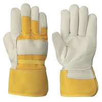 Women's Insulated Fitter's Cow Grain Gloves - 1-Piece Palm - Outside Elastic - Fleece Lined - Yellow Back